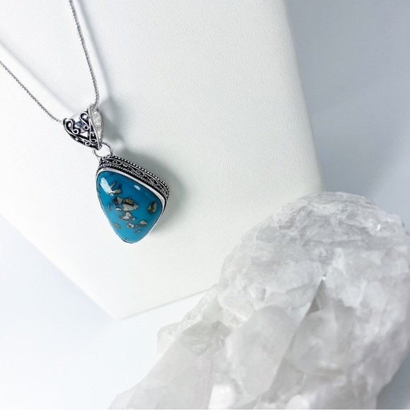 PERSIAN Turquoise Chunky Asymmetrical Gemstone Pendant Necklace Silver 925 New - Picture 3 of 11